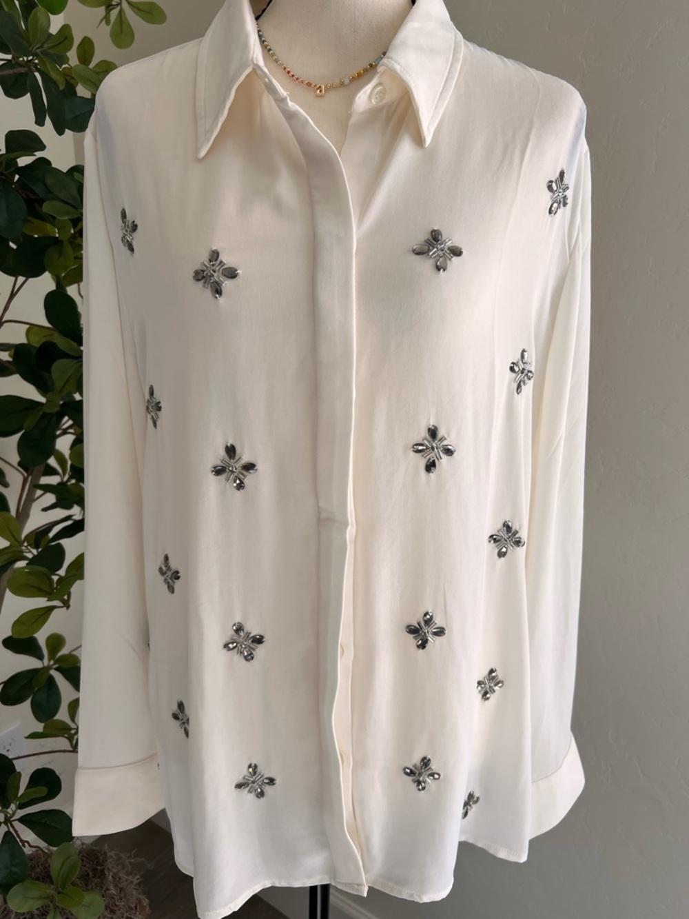 Chico's Cream Button-Down Blouse with Diamond Stones Matilda Silver Size 2